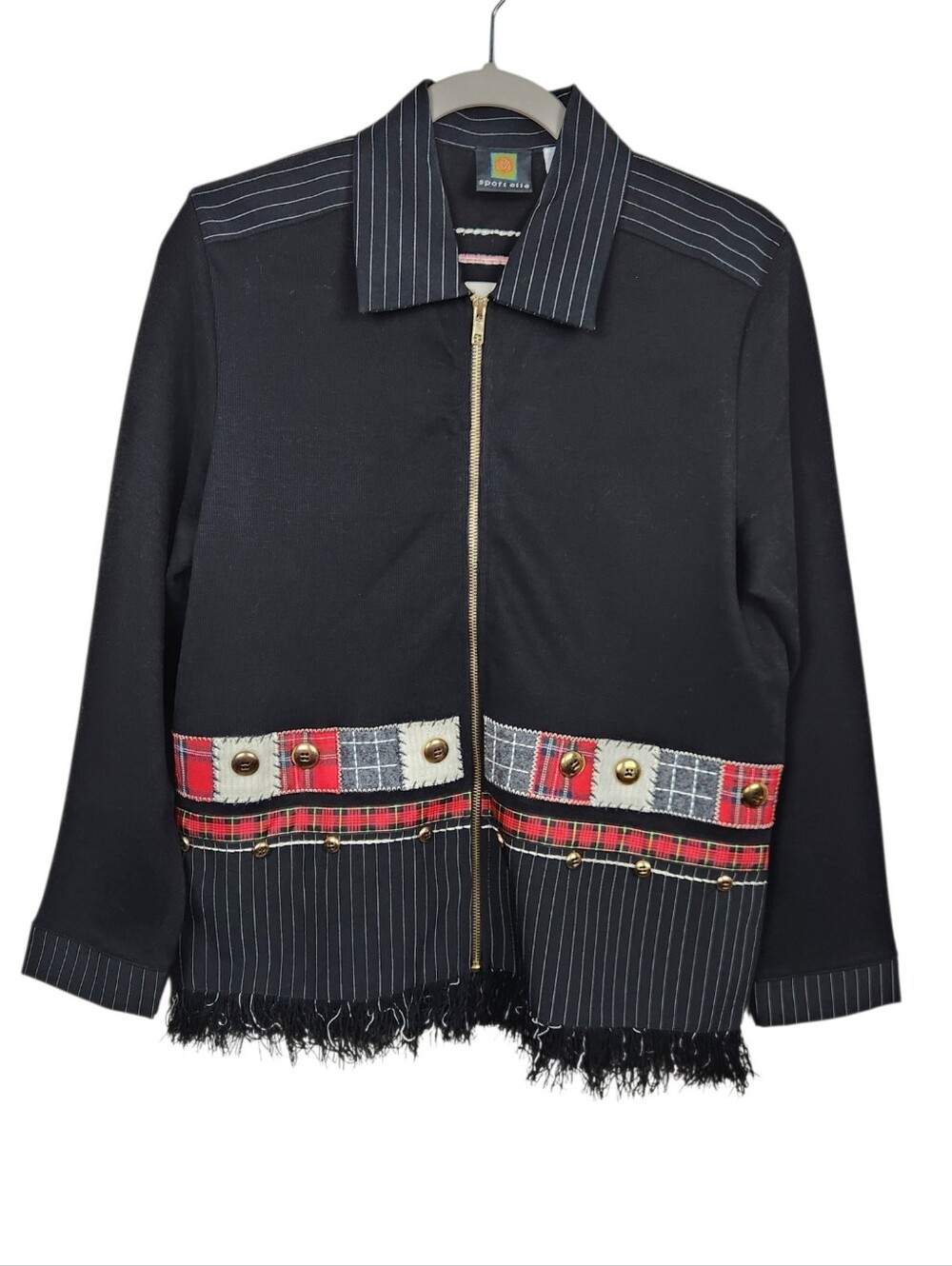 Sportelle Vintage Black Jacket Patchwork Pin Stripe Full Zip Womens Size Small